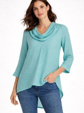 Fridaze Aqua 100% Linen Cowl Neck Linen Top Women's Small